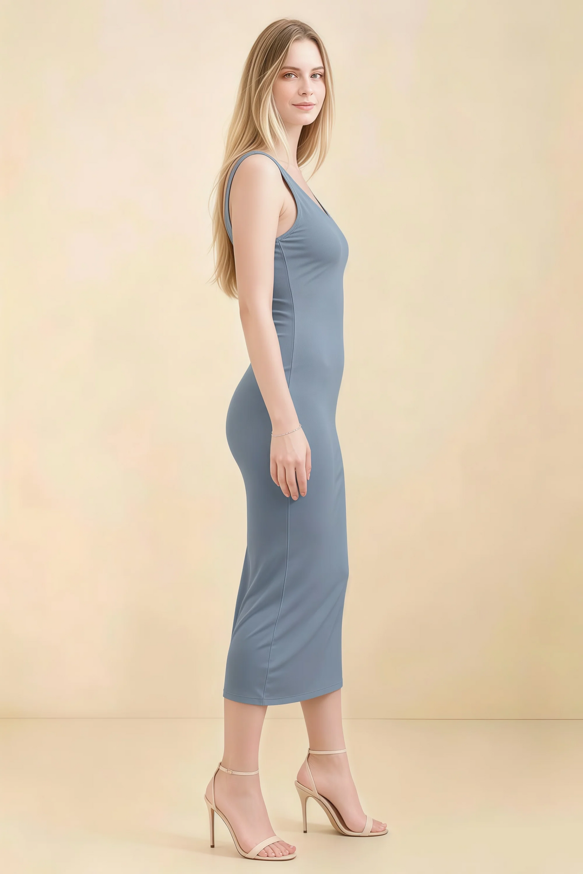 Alvina Dusty Blue Scoop Neck Bodycon Midi Dress
