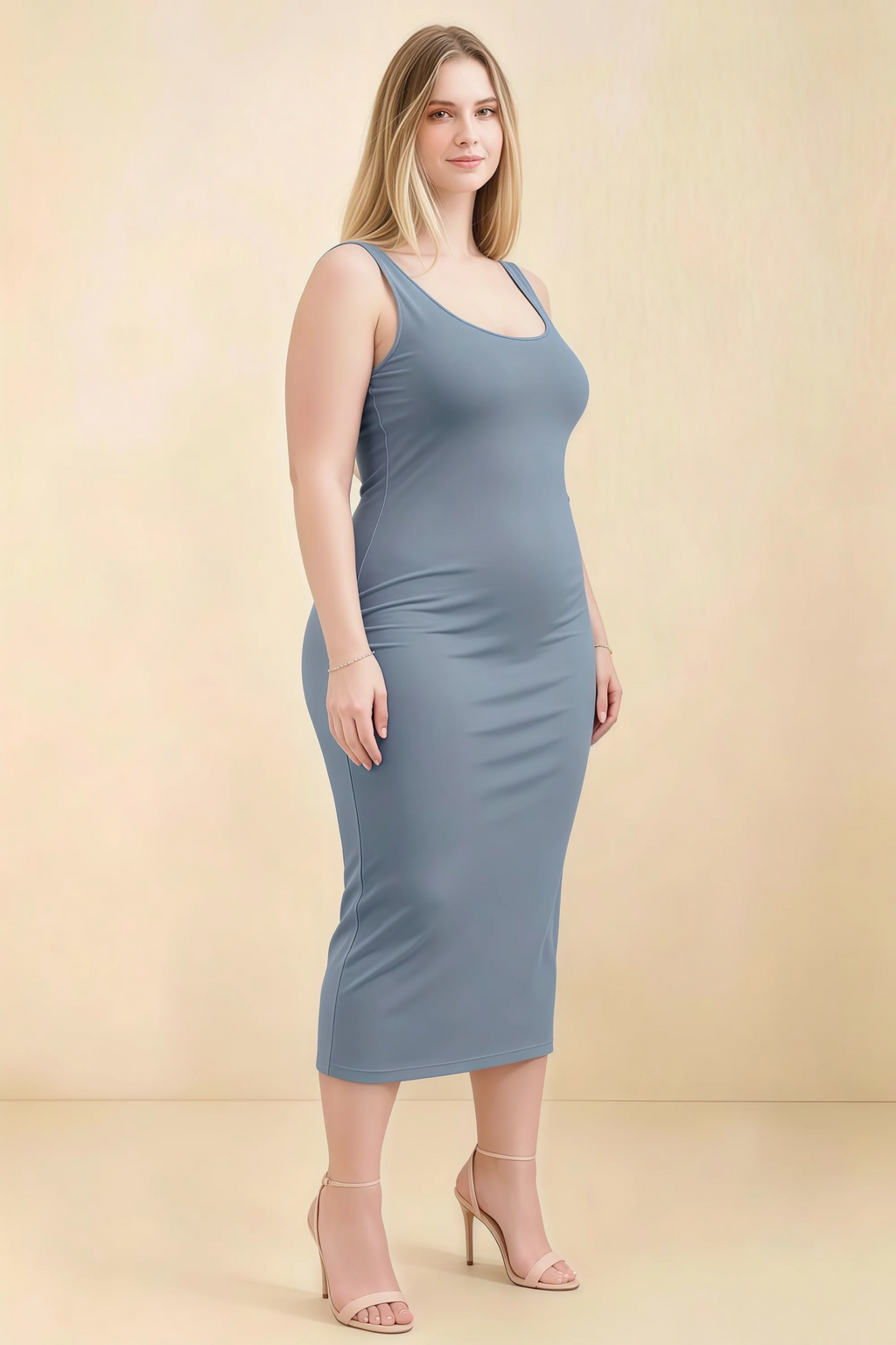 Alvina Dusty Blue Scoop Neck Bodycon Midi Dress