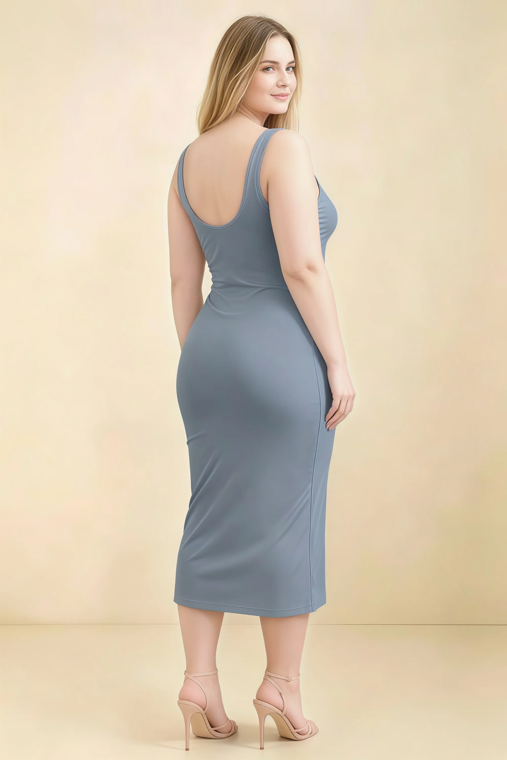 Alvina Dusty Blue Scoop Neck Bodycon Midi Dress
