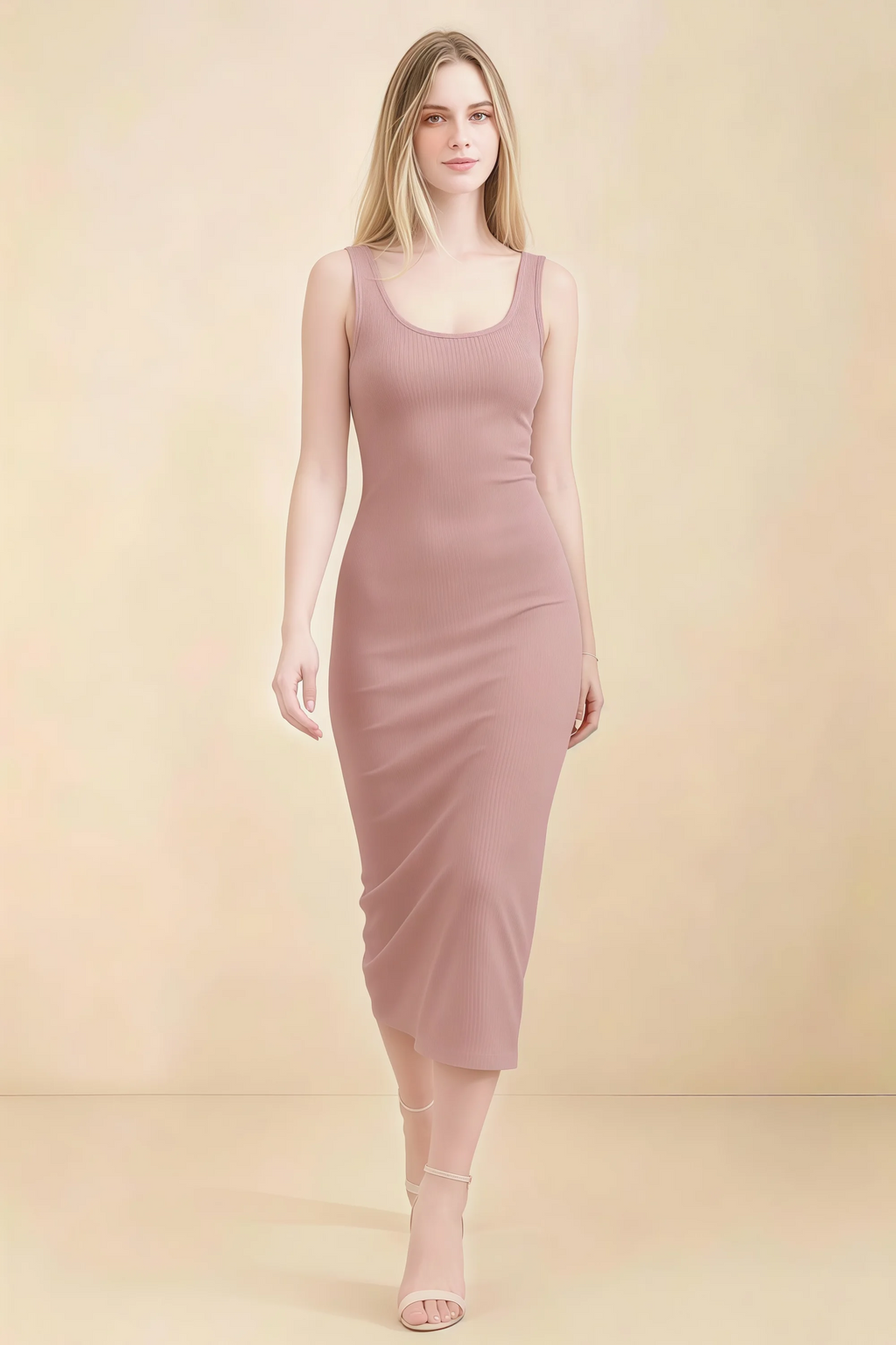 Alvina Dusty Rose Scoop Neck Bodycon Midi Dress