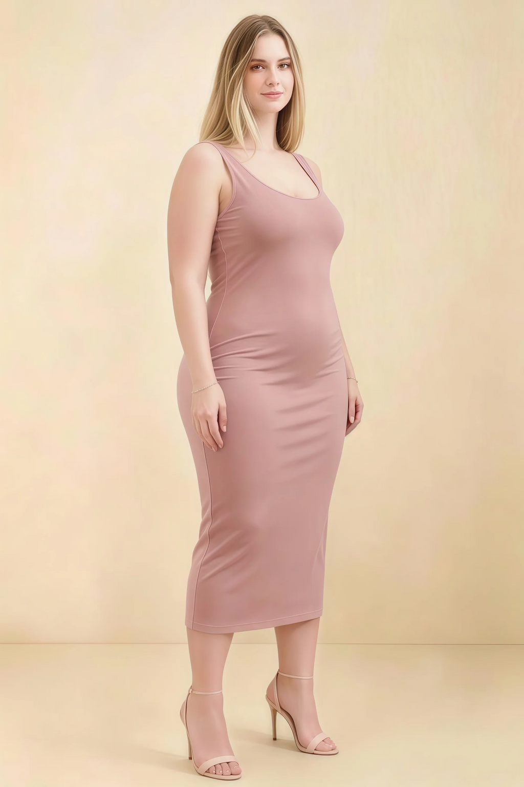 Alvina Dusty Rose Scoop Neck Bodycon Midi Dress