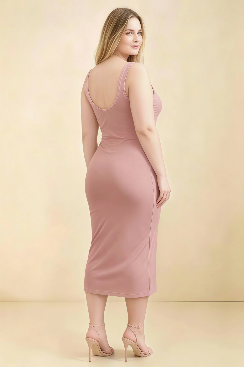 Alvina Dusty Rose Scoop Neck Bodycon Midi Dress