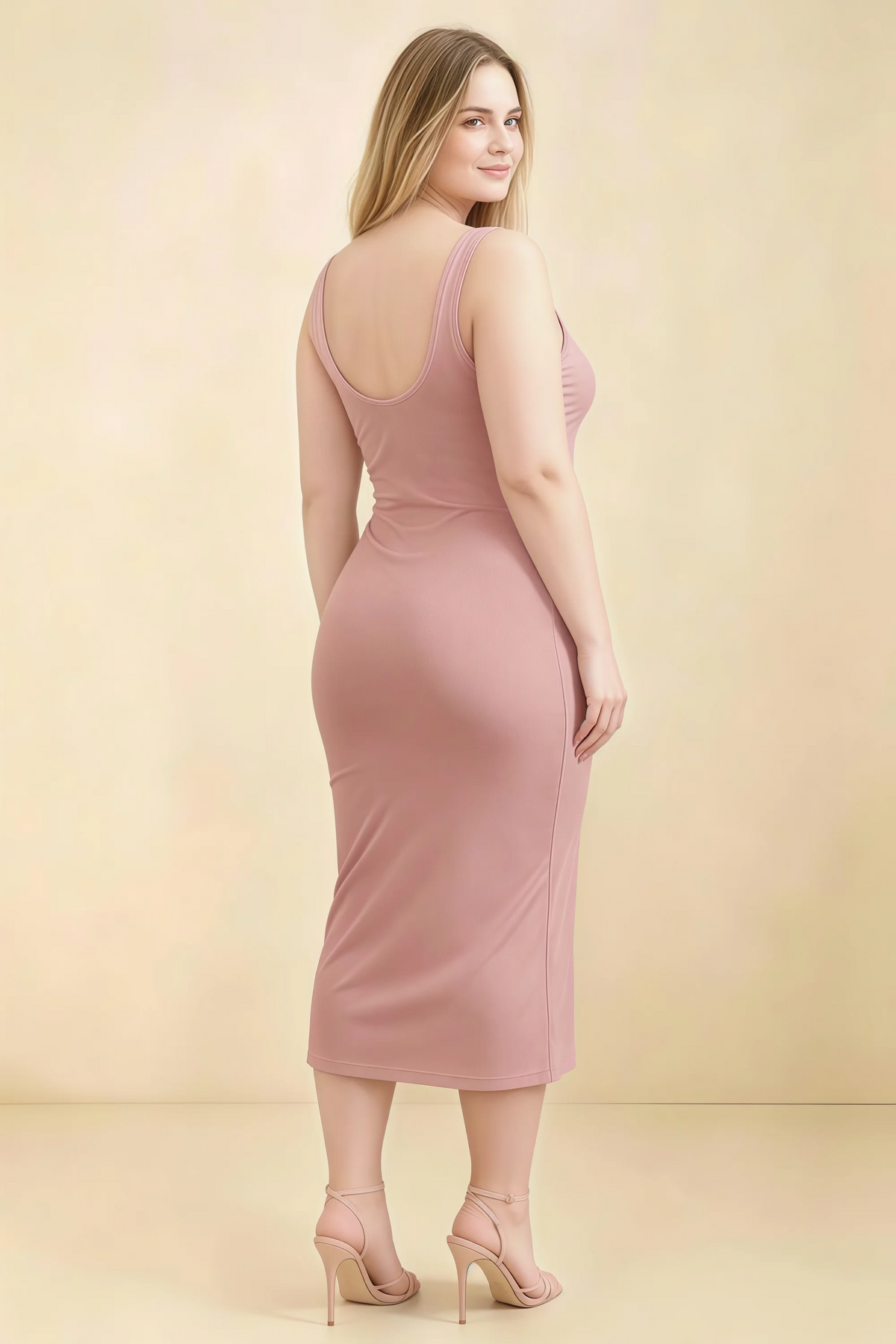 Alvina Dusty Rose Scoop Neck Bodycon Midi Dress
