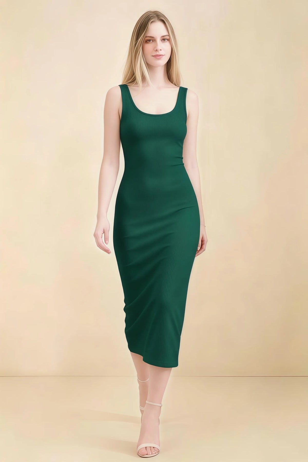 Alvina Emerald Green Scoop Neck Bodycon Midi Dress Imagen principal del producto