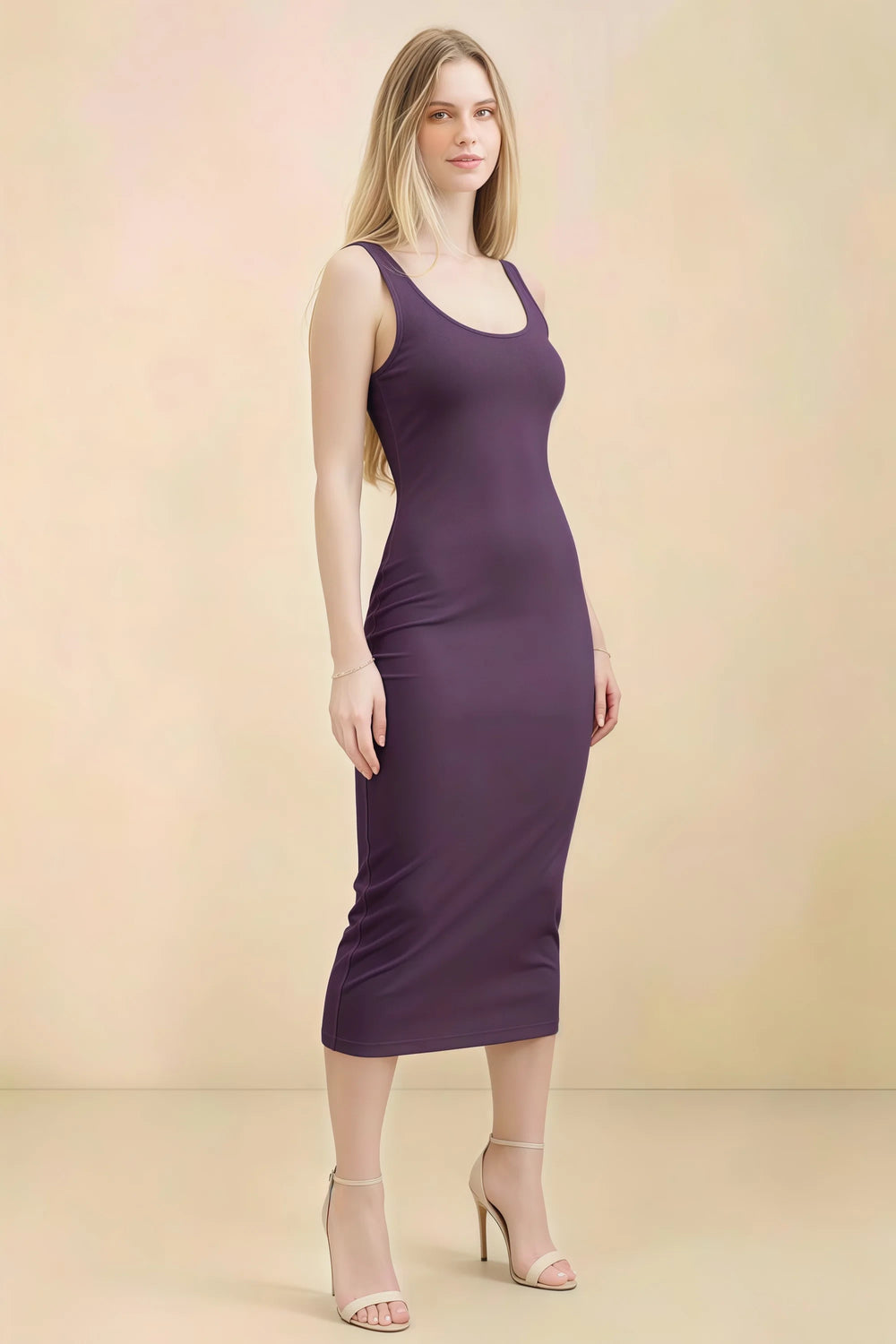 Translation missing: en.Front view of the LVLVS Alvina grape midi dress, showing the scoop neckline, wide straps and fitted bodycon silhouette. content.product_image_main