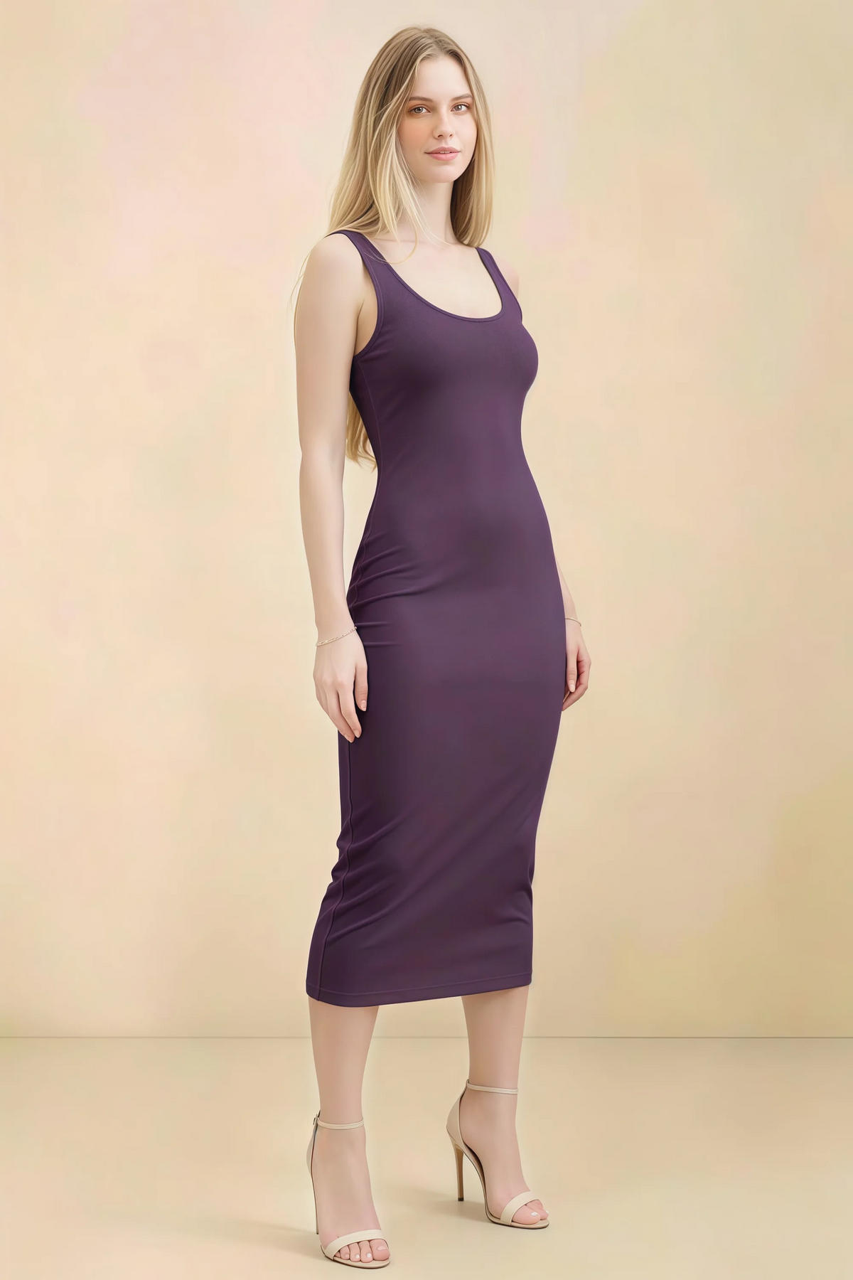 Alvina Grape Scoop Neck Bodycon Midi Dress