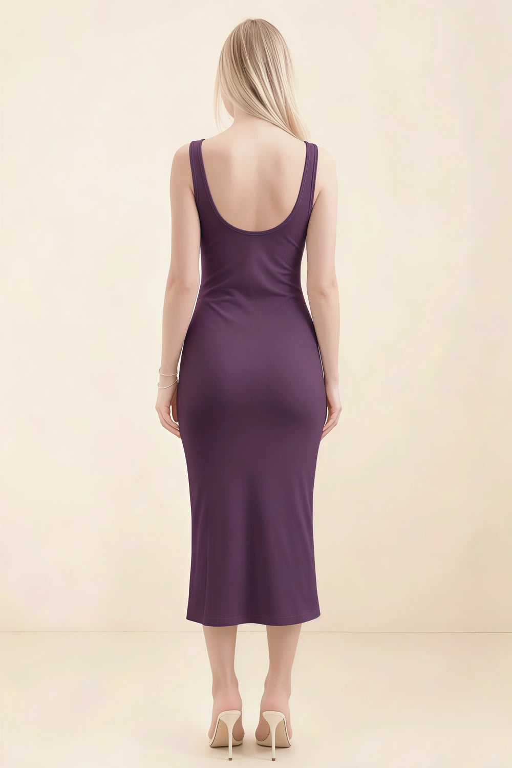 Translation missing: en.Back view of the LVLVS Alvina grape midi dress, showing the low scoop back, wide straps and fitted midi skirt. content.product_image_secondary