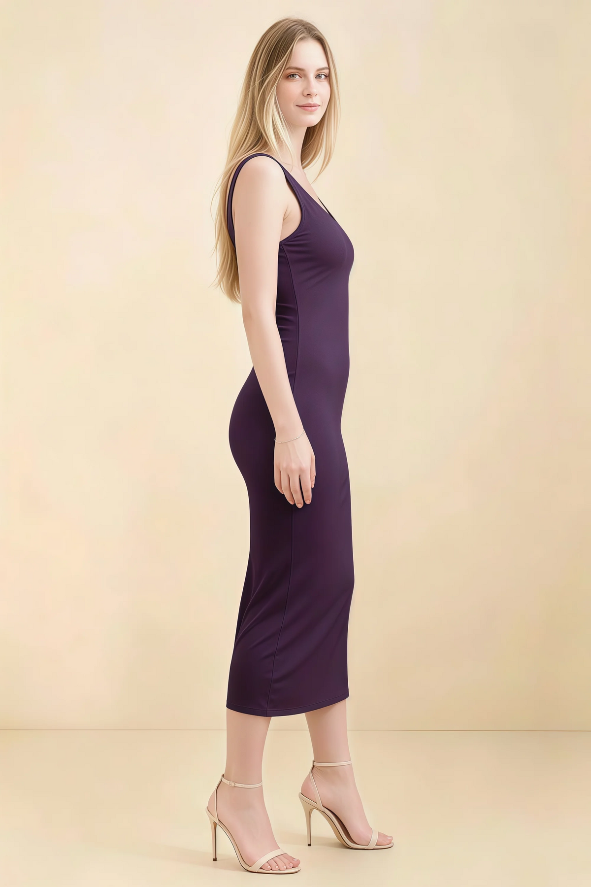 Alvina Grape Scoop Neck Bodycon Midi Dress