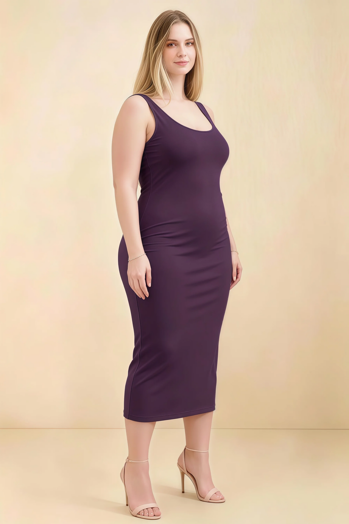 Alvina Grape Scoop Neck Bodycon Midi Dress
