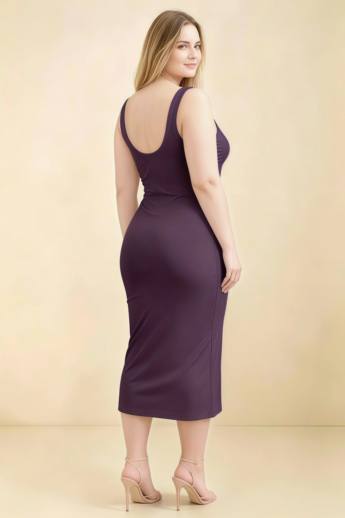 Alvina Grape Scoop Neck Bodycon Midi Dress