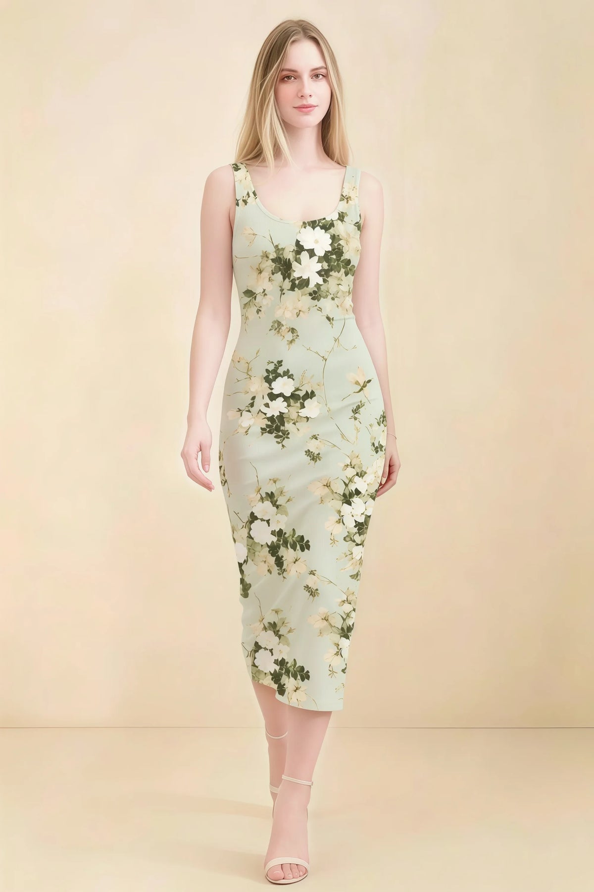 Alvina Green Floral Scoop Neck Bodycon Midi Dress Main image