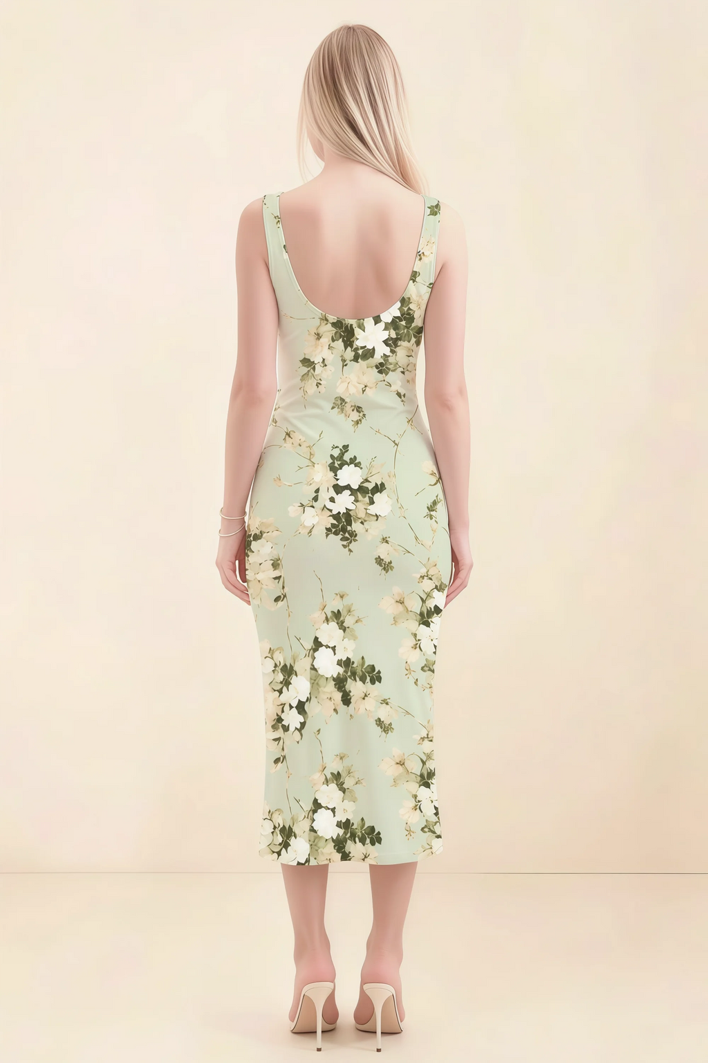 Alvina Green Floral Scoop Neck Bodycon Midi Dress