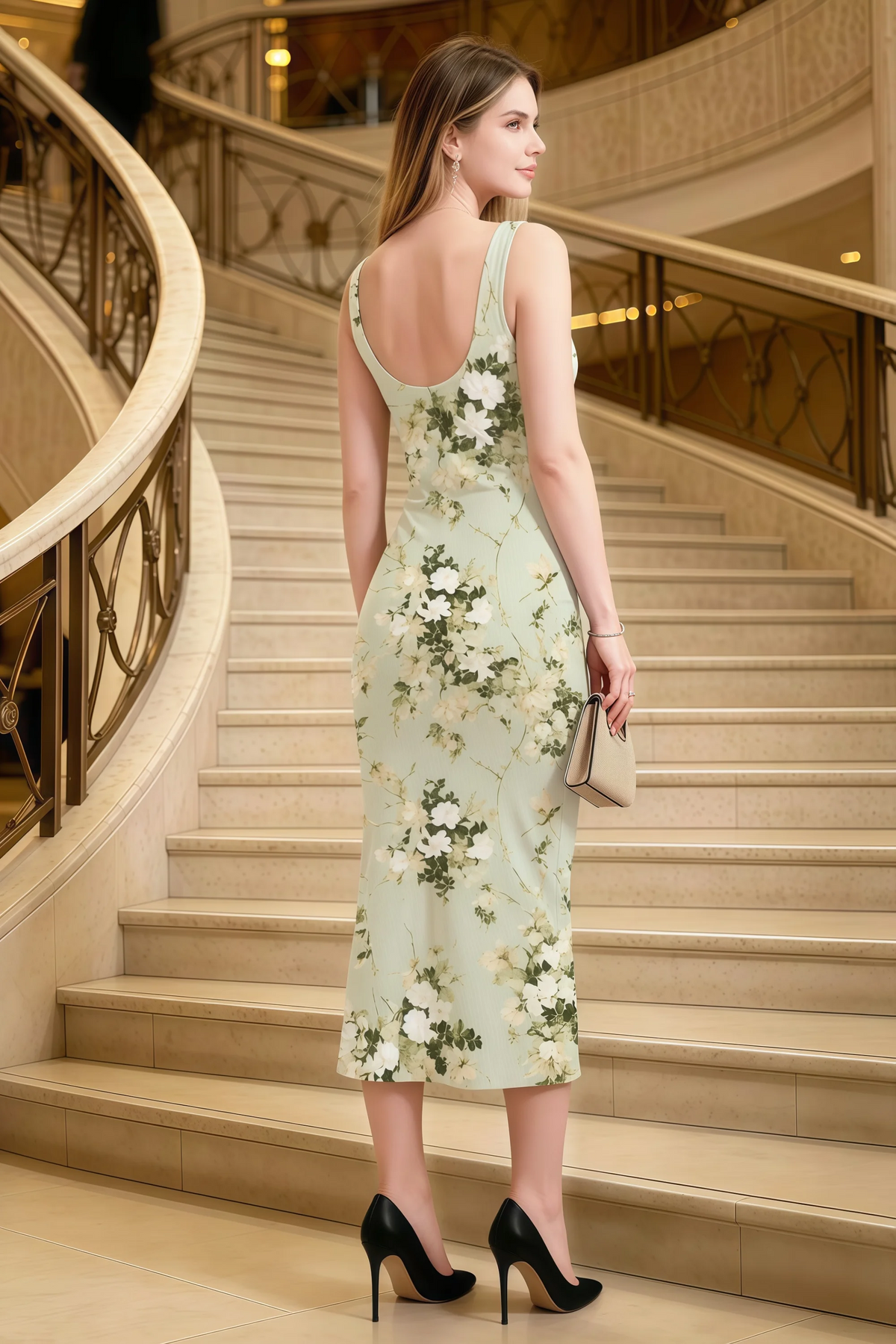 Alvina Green Floral Scoop Neck Bodycon Midi Dress