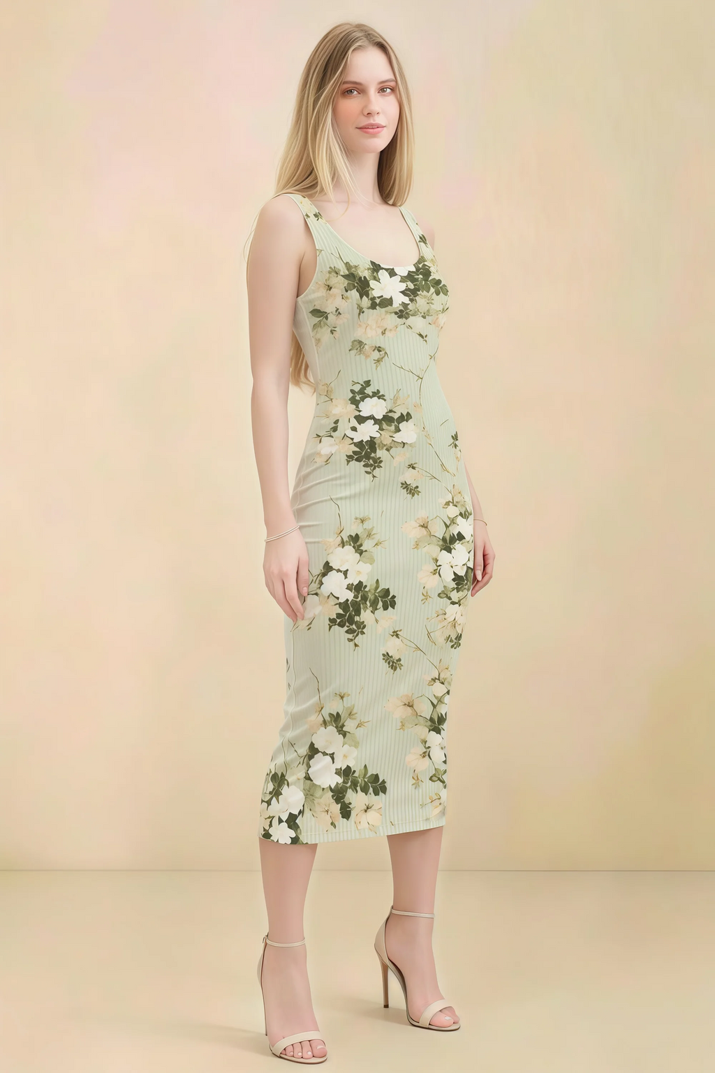 Alvina Green Floral Scoop Neck Bodycon Midi Dress