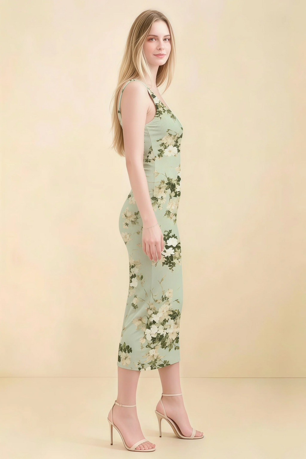Alvina Green Floral Scoop Neck Bodycon Midi Dress