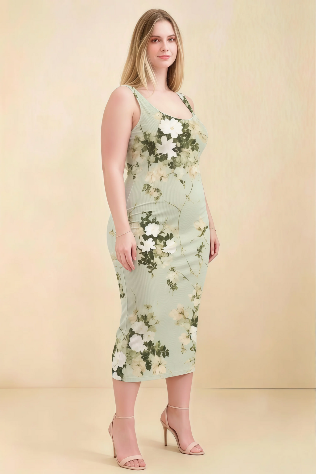 Alvina Green Floral Scoop Neck Bodycon Midi Dress