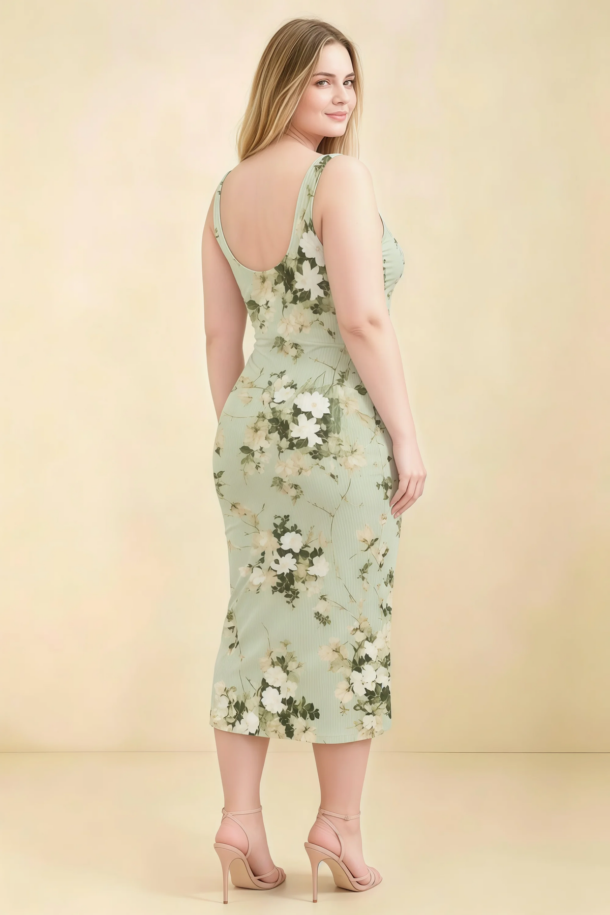 Alvina Green Floral Scoop Neck Bodycon Midi Dress