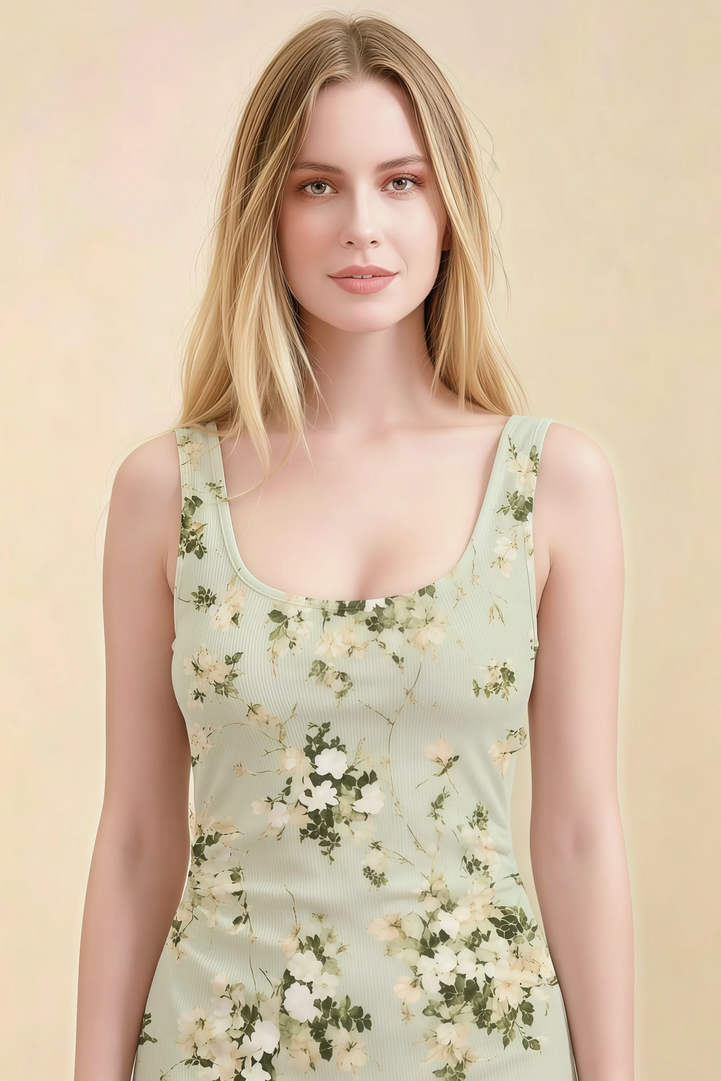 Alvina Green Floral Scoop Neck Bodycon Midi Dress