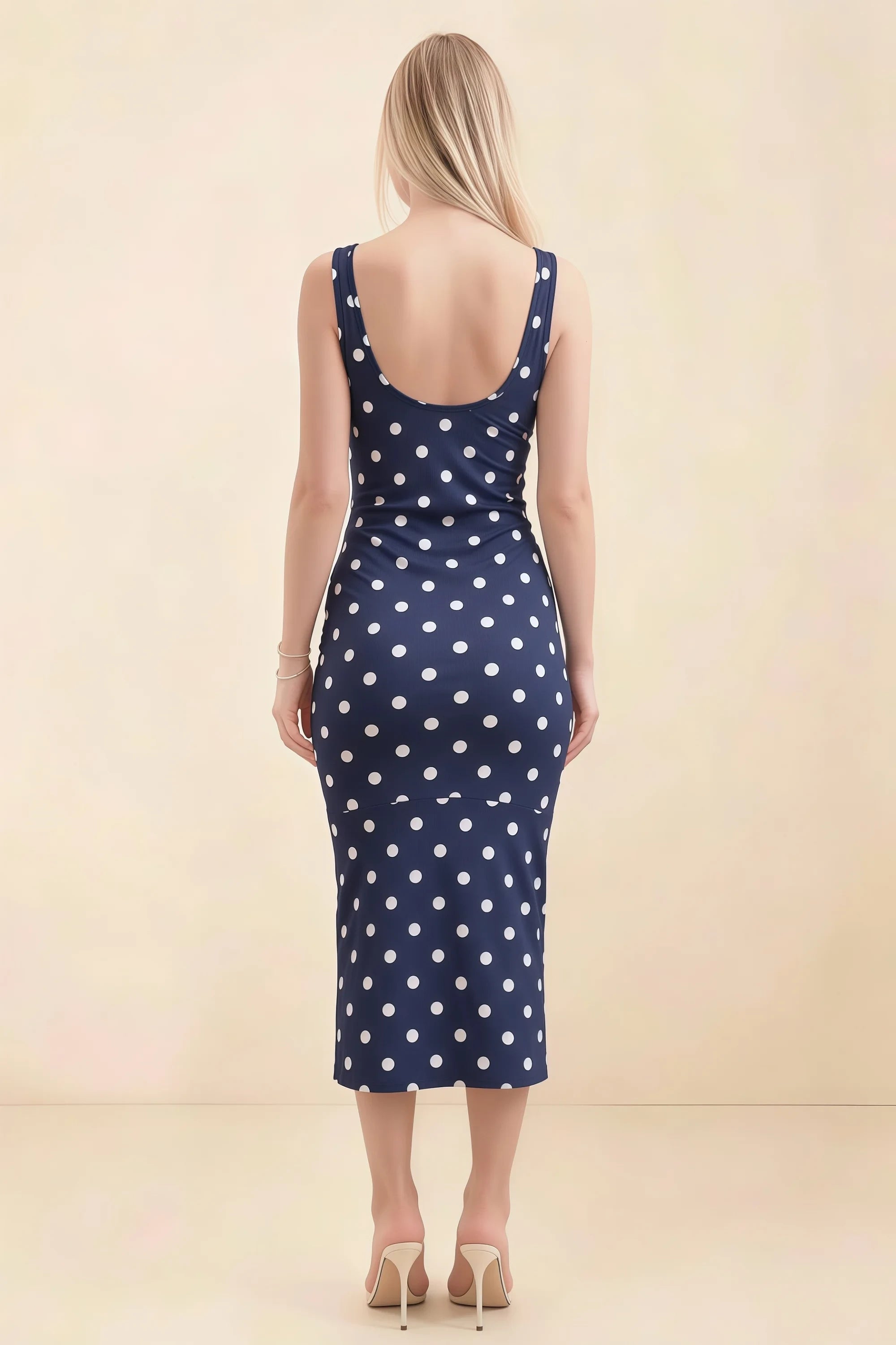 Alvina Navy Polka Dot Scoop Neck Bodycon Midi Dress Secondary image