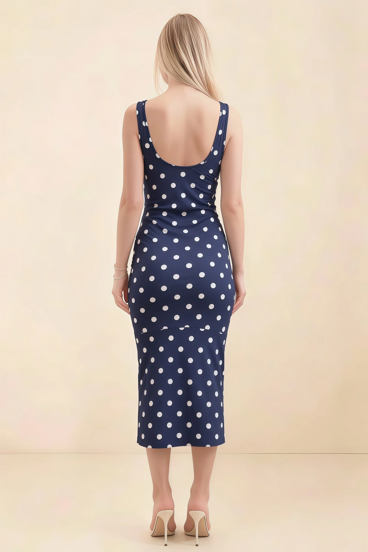 Alvina Navy Polka Dot Scoop Neck Bodycon Midi Dress