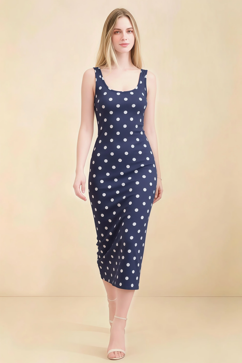 Alvina Navy Polka Dot Scoop Neck Bodycon Midi Dress