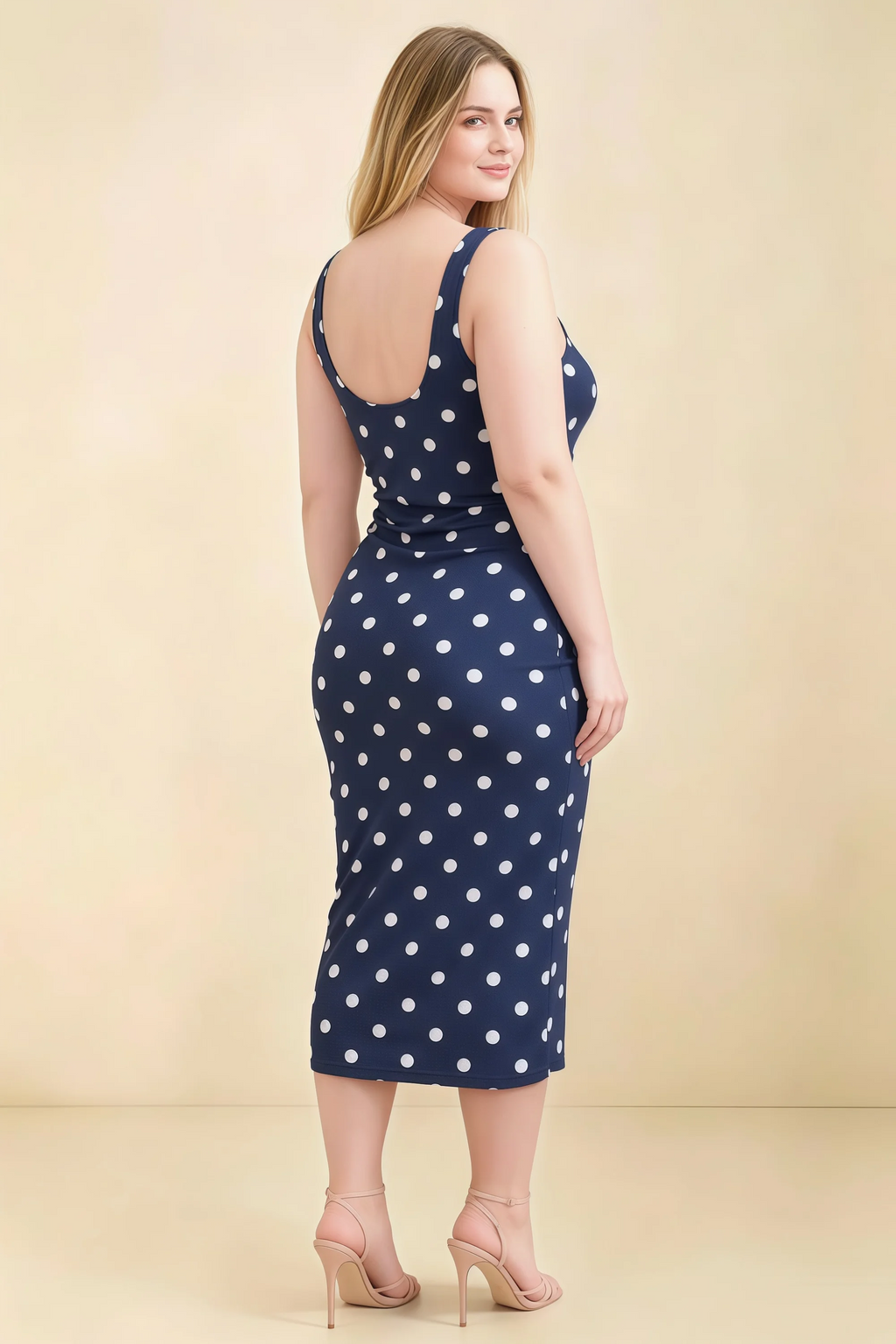 Alvina Navy Polka Dot Scoop Neck Bodycon Midi Dress