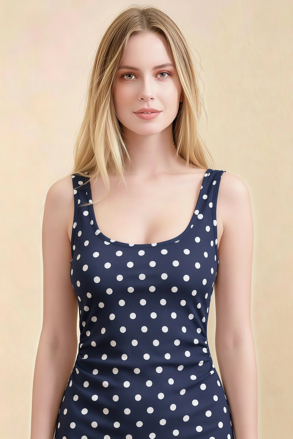 Alvina Navy Polka Dot Scoop Neck Bodycon Midi Dress