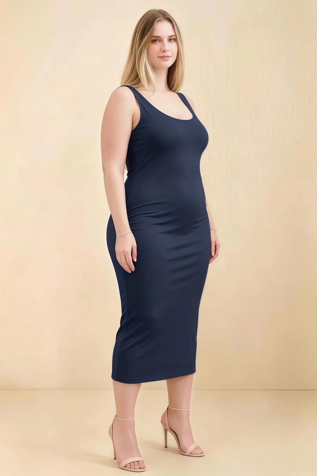 Alvina Navy Scoop Neck Bodycon Midi Dress
