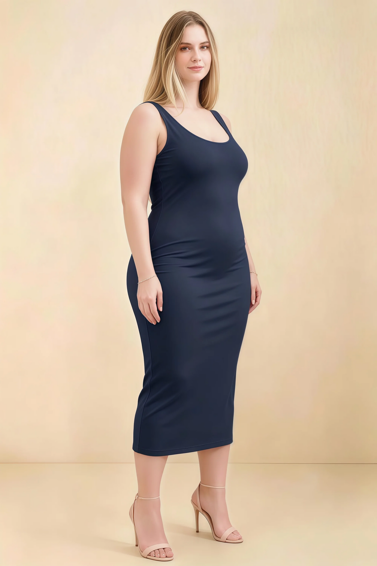 Alvina Navy Scoop Neck Bodycon Midi Dress