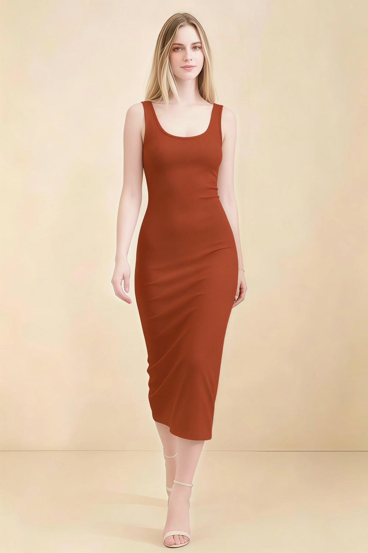 Alvina Paprika Scoop Neck Bodycon Midi Dress