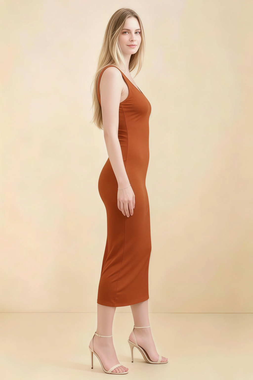 Alvina Paprika Scoop Neck Bodycon Midi Dress