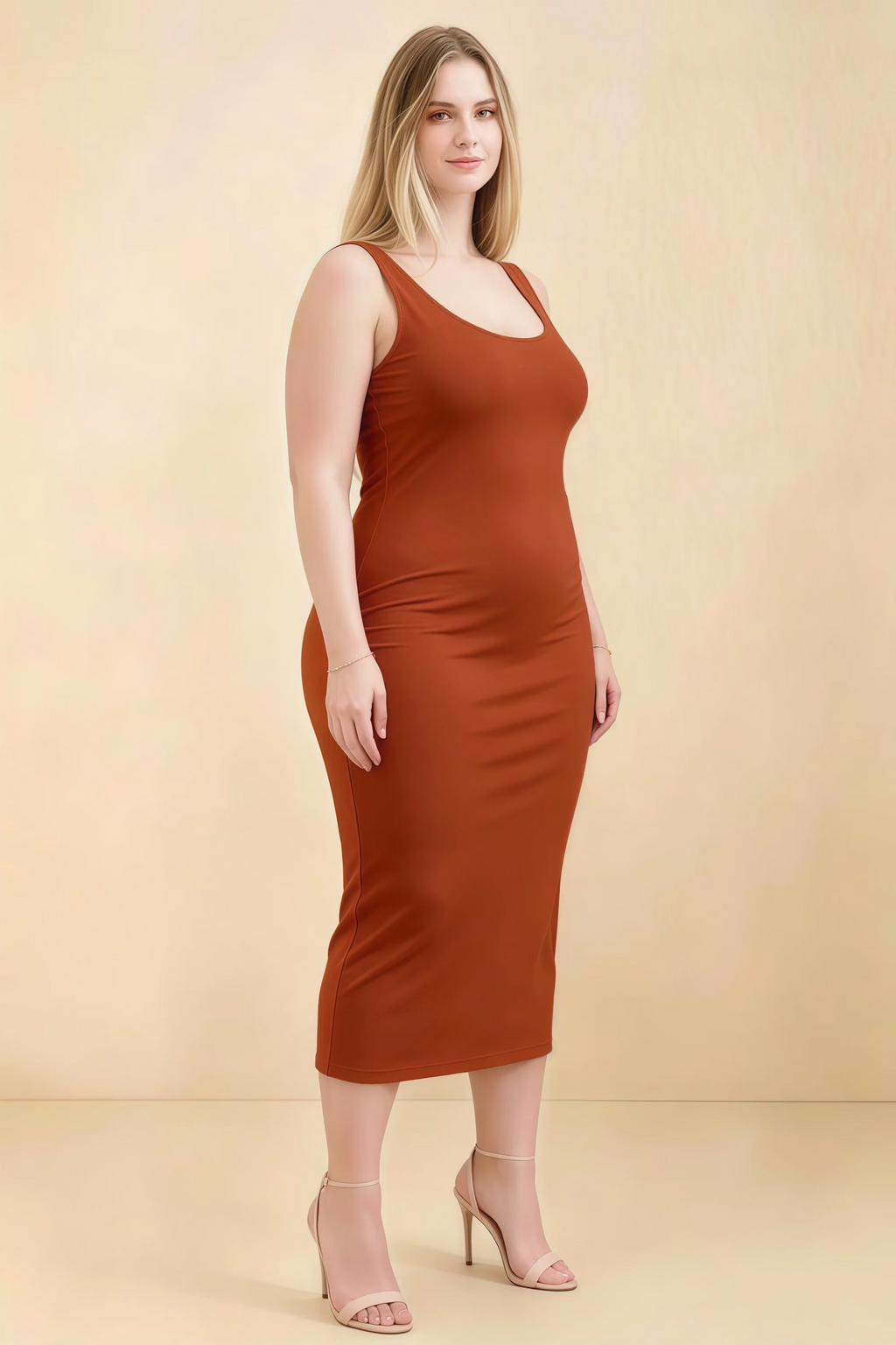 Alvina Paprika Scoop Neck Bodycon Midi Dress