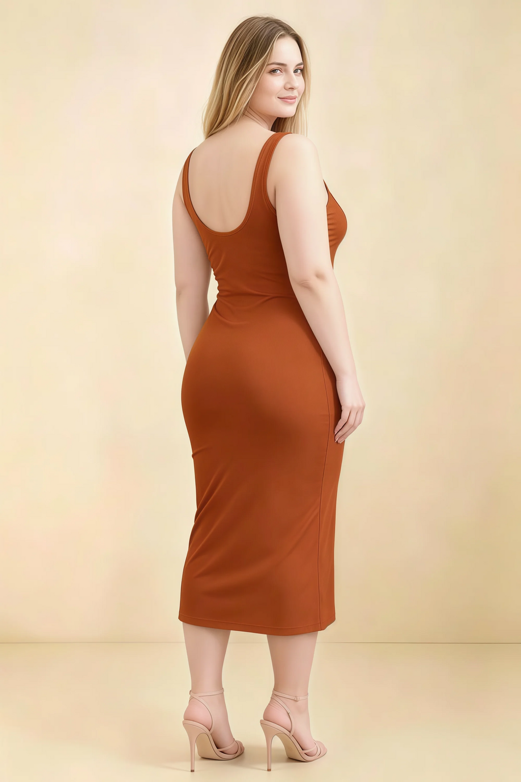 Alvina Paprika Scoop Neck Bodycon Midi Dress