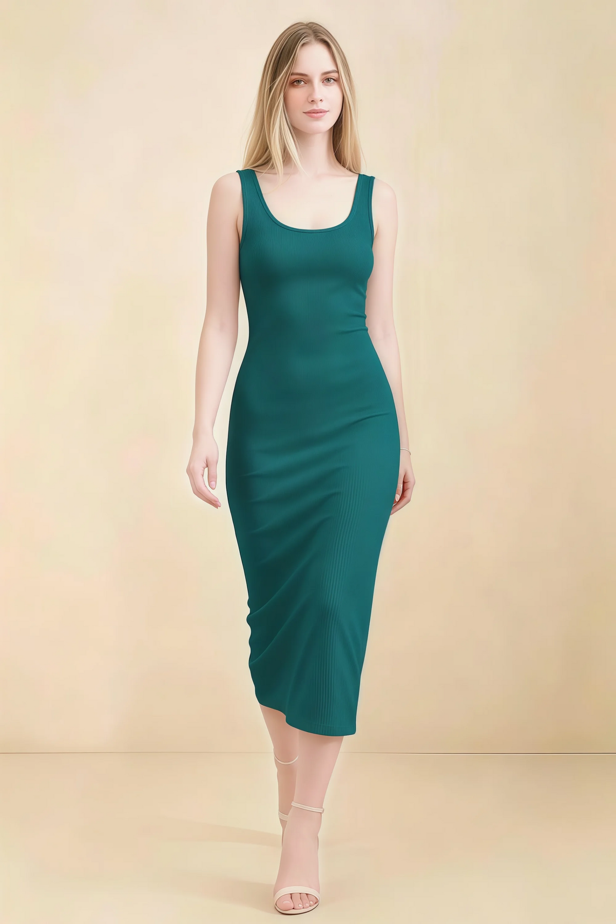 Alvina Peacock Scoop Neck Bodycon Midi Dress