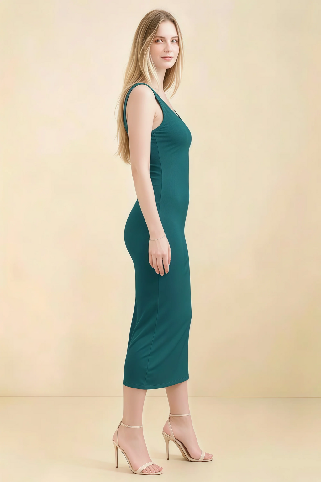 Alvina Peacock Scoop Neck Bodycon Midi Dress