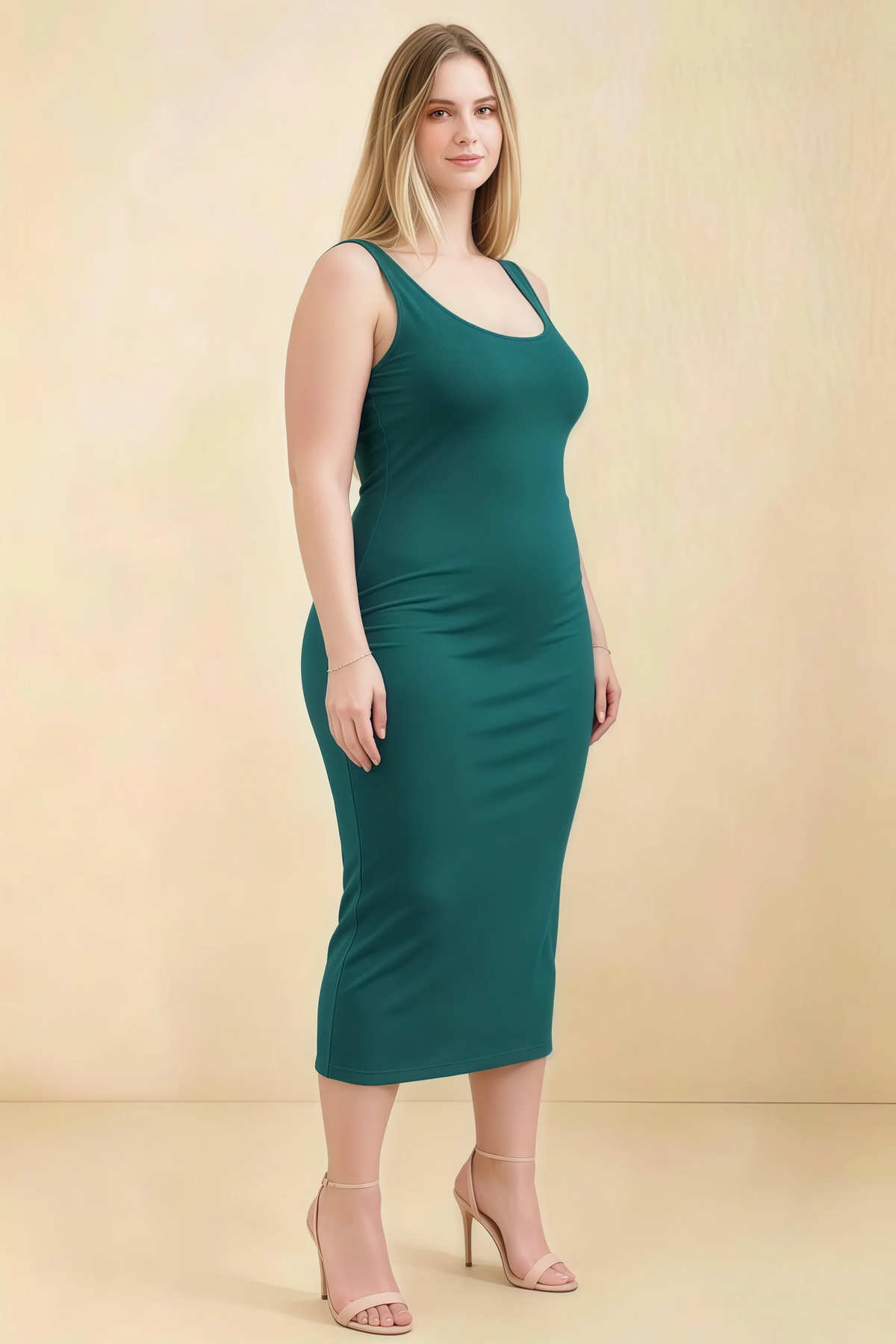 Alvina Peacock Scoop Neck Bodycon Midi Dress