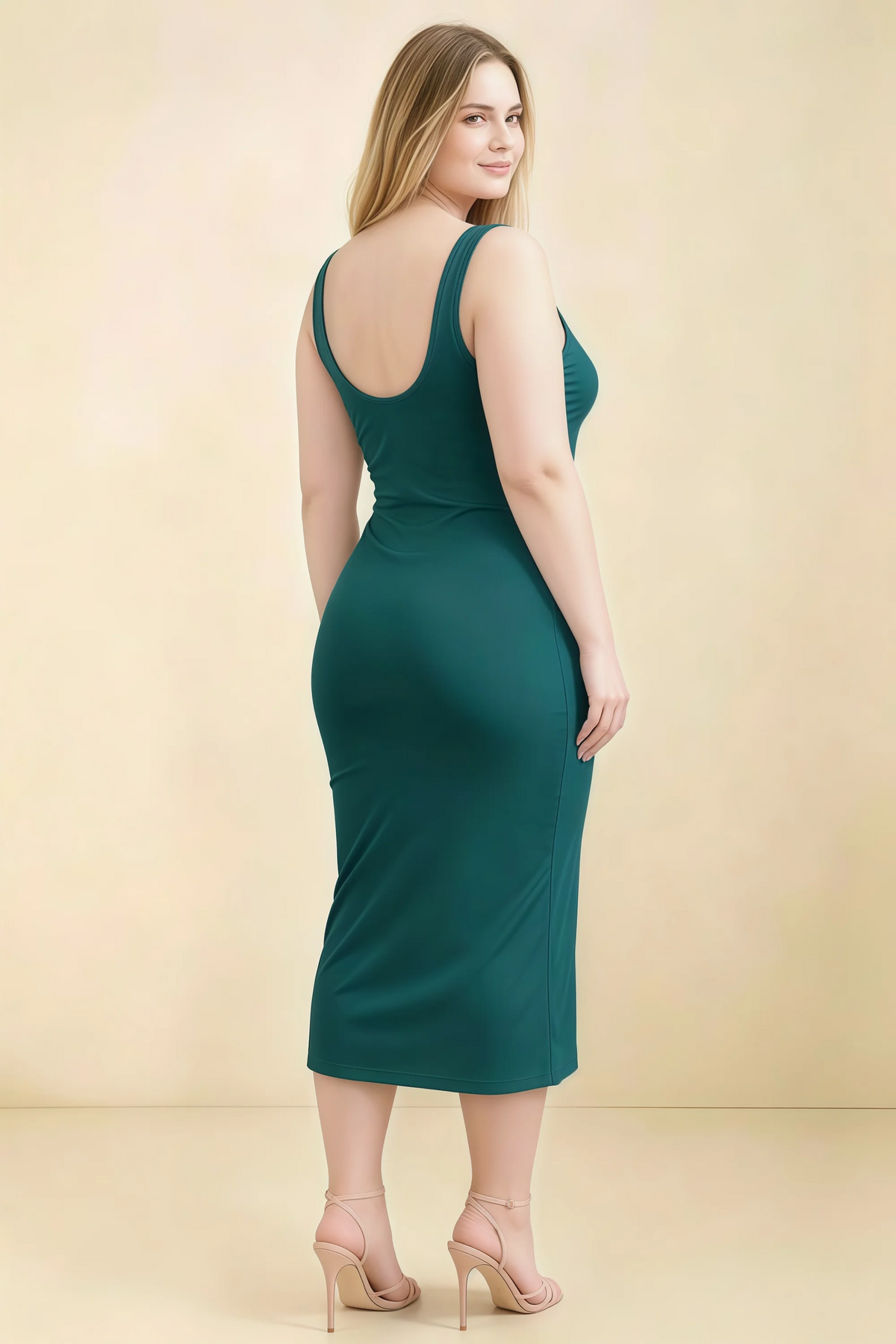 Alvina Peacock Scoop Neck Bodycon Midi Dress