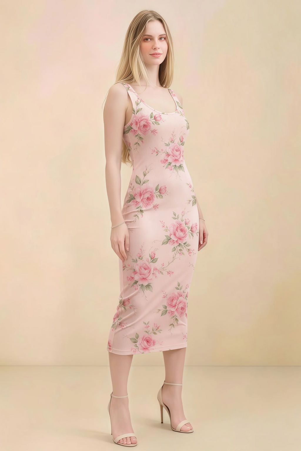 Alvina Pink Floral Scoop Neck Bodycon Midi Dress