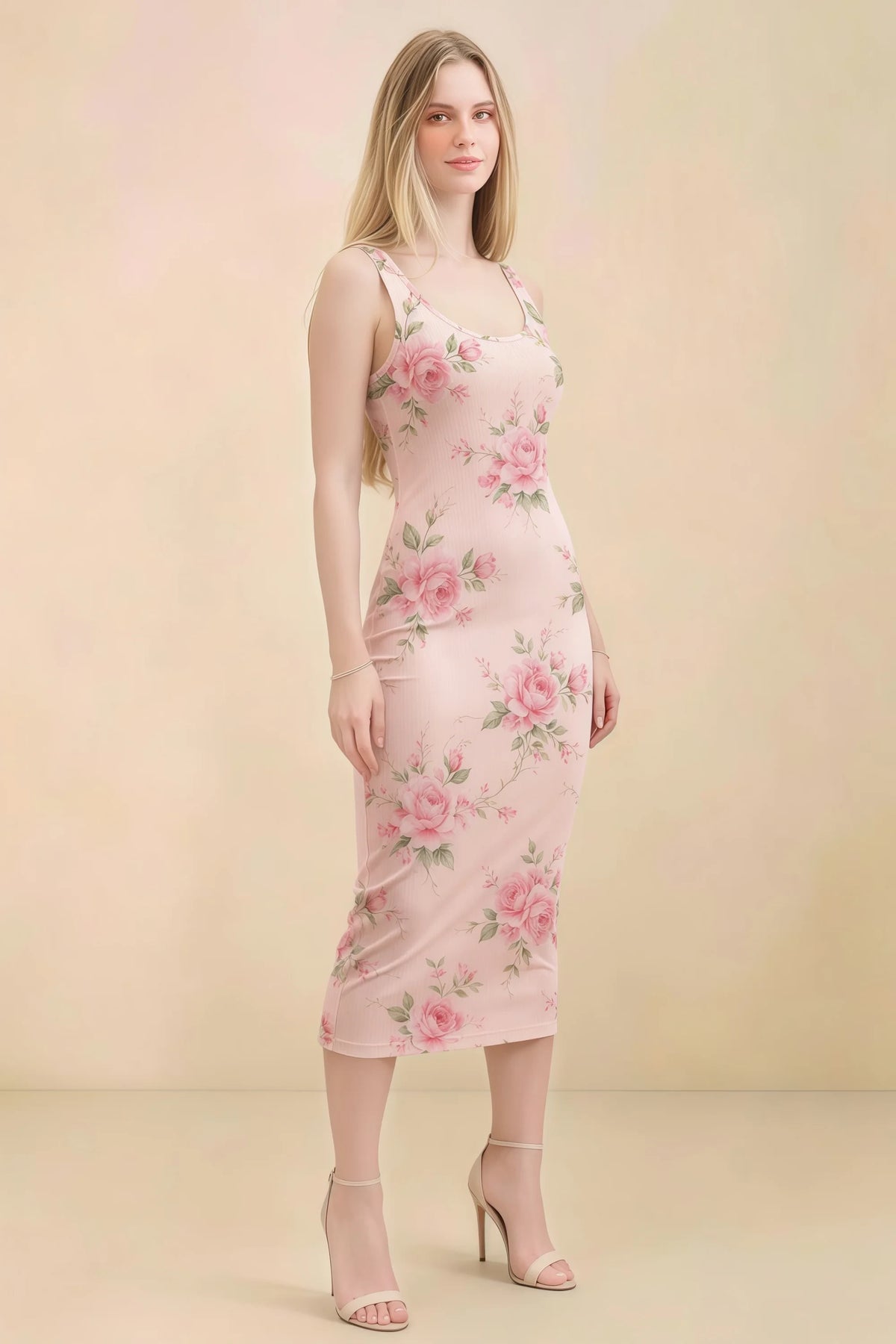 Alvina Pink Floral Scoop Neck Bodycon Midi Dress Main image