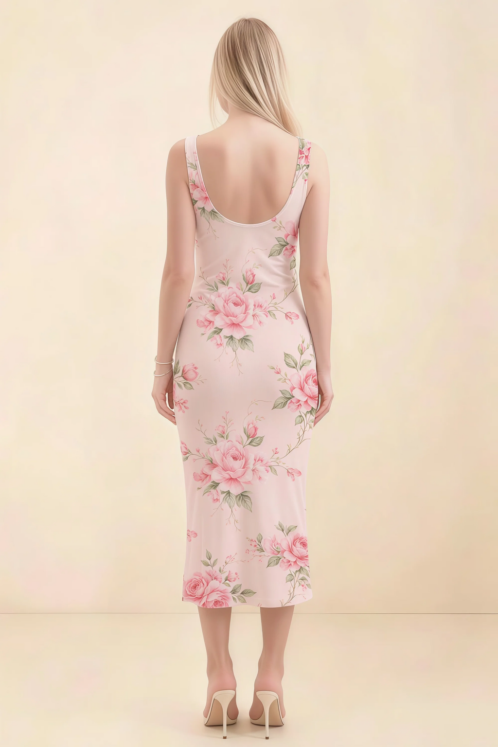 Alvina Pink Floral Scoop Neck Bodycon Midi Dress