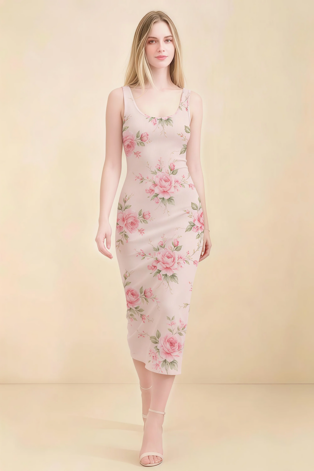 Alvina Pink Floral Scoop Neck Bodycon Midi Dress