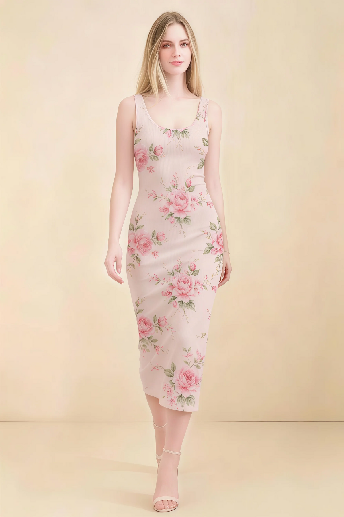 Alvina Pink Floral Scoop Neck Bodycon Midi Dress