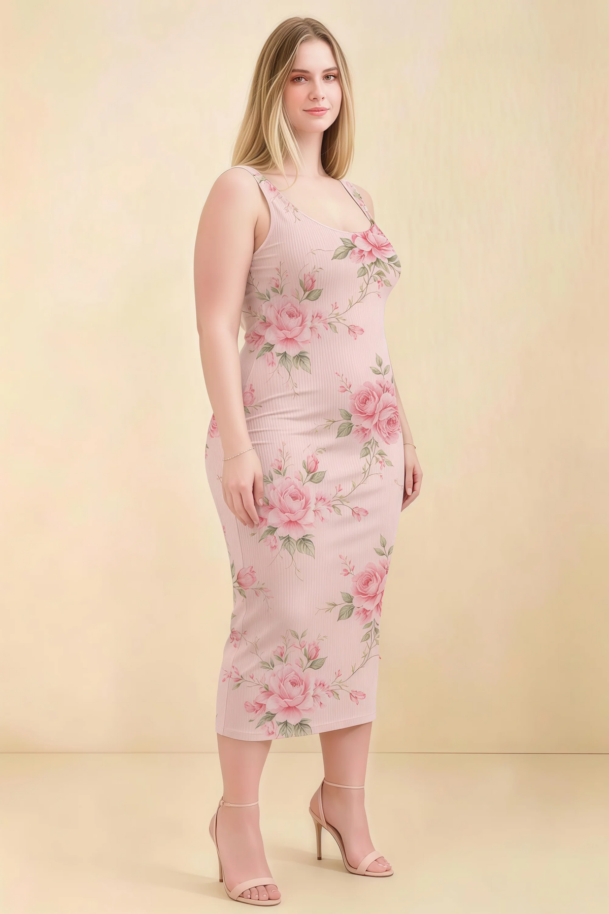 Alvina Pink Floral Scoop Neck Bodycon Midi Dress