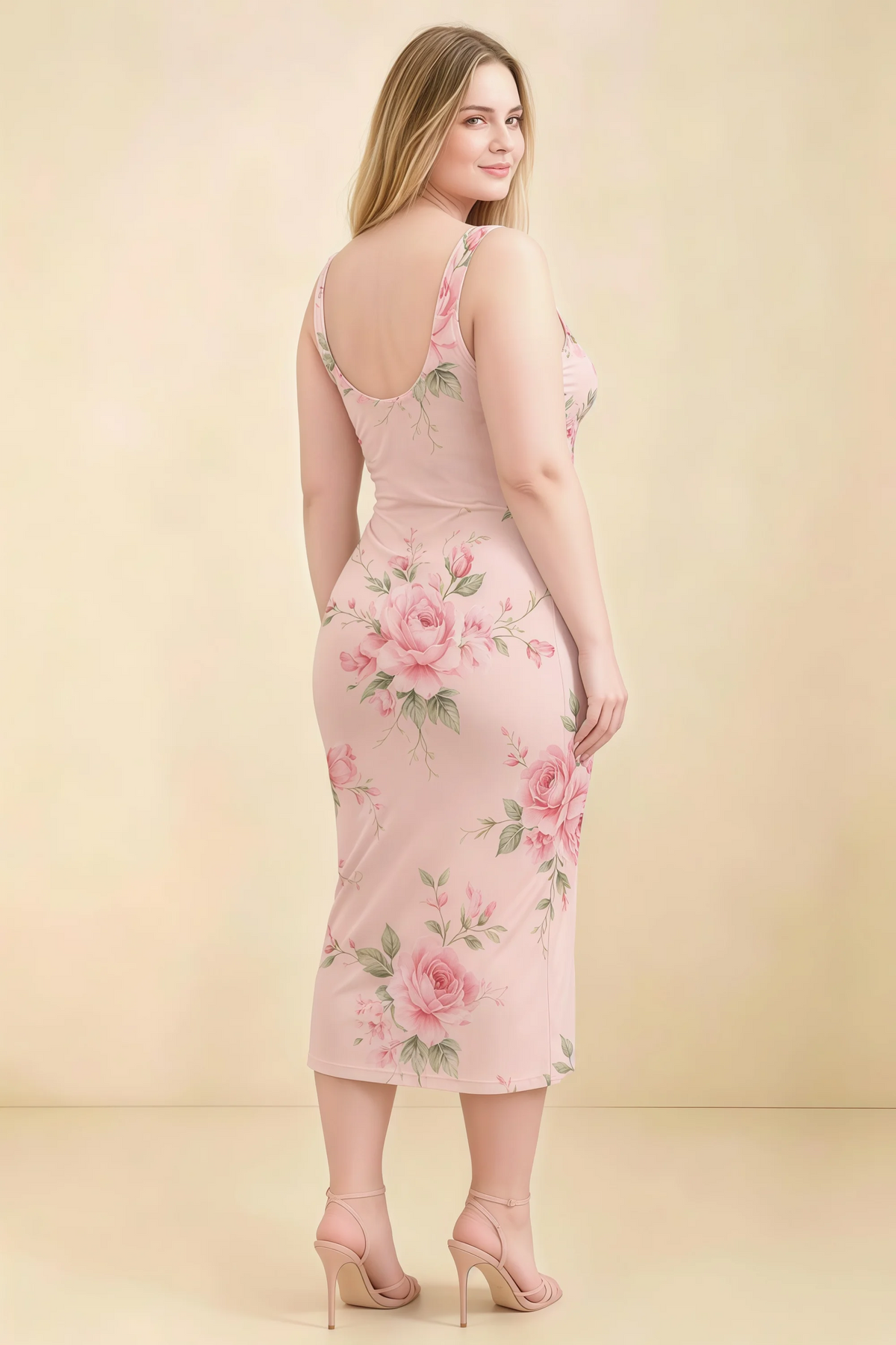 Alvina Pink Floral Scoop Neck Bodycon Midi Dress