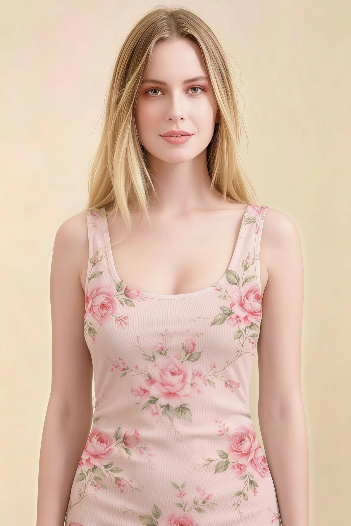 Alvina Pink Floral Scoop Neck Bodycon Midi Dress