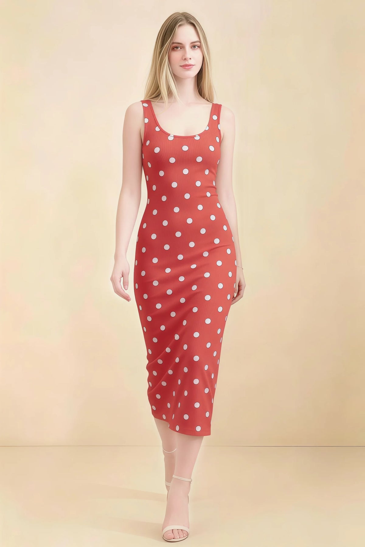 Alvina Red Polka Dot Scoop Neck Bodycon Midi Dress Main image