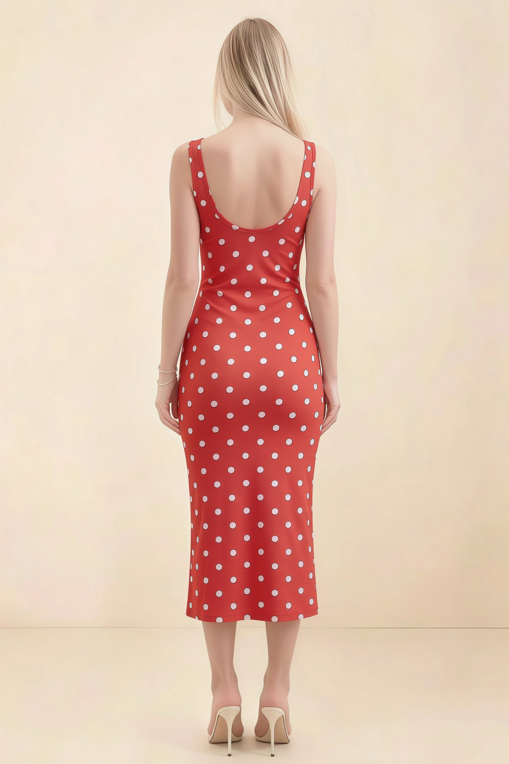 Alvina Red Polka Dot Scoop Neck Bodycon Midi Dress