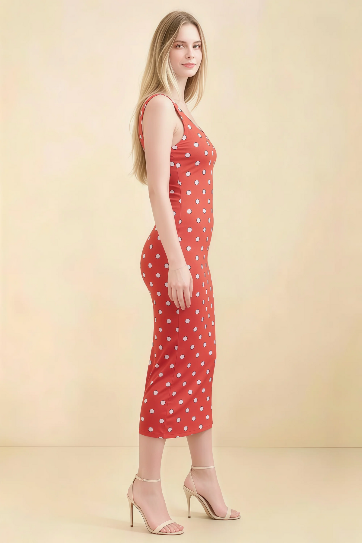 Alvina Red Polka Dot Scoop Neck Bodycon Midi Dress