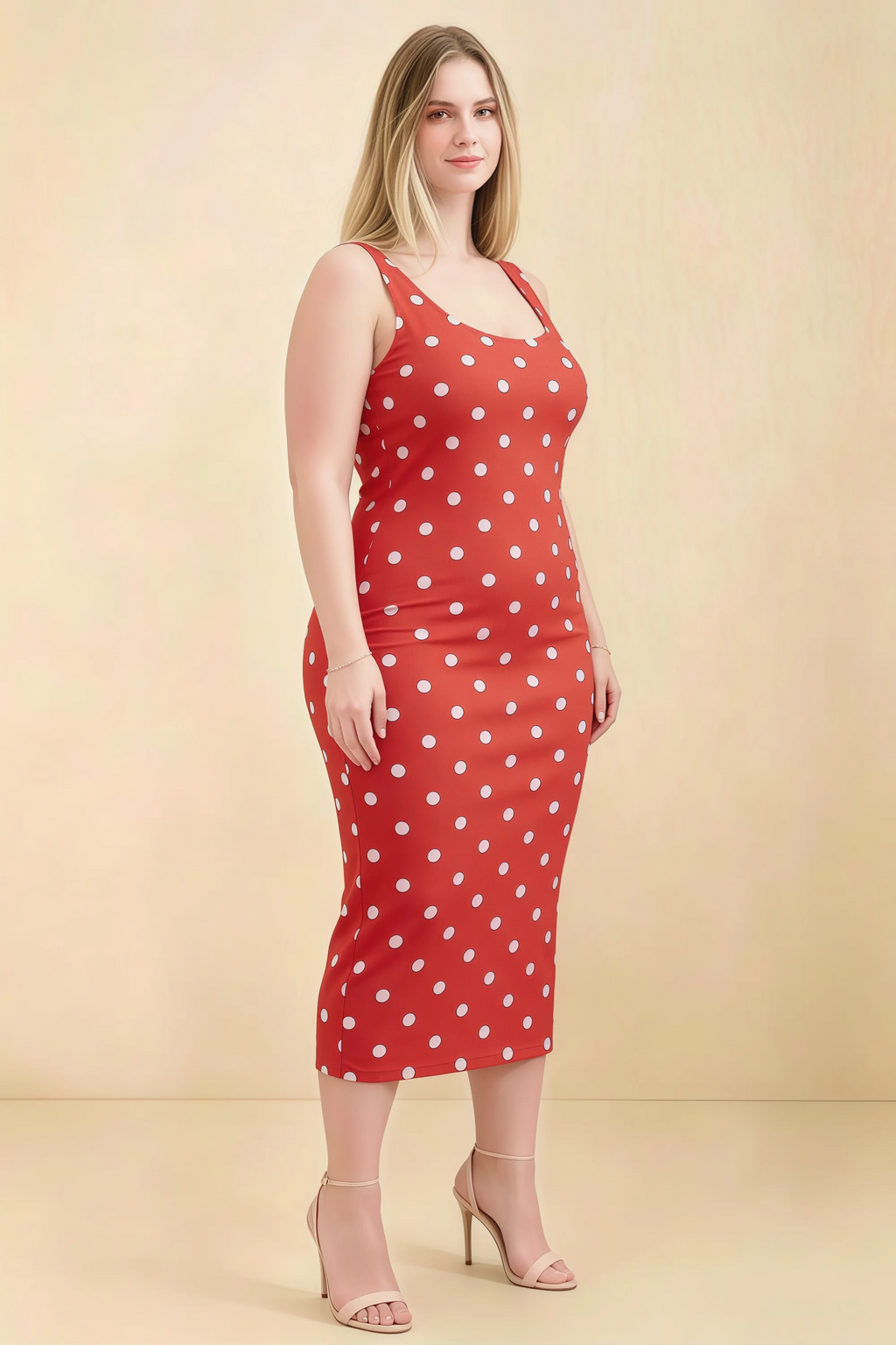 Alvina Red Polka Dot Scoop Neck Bodycon Midi Dress