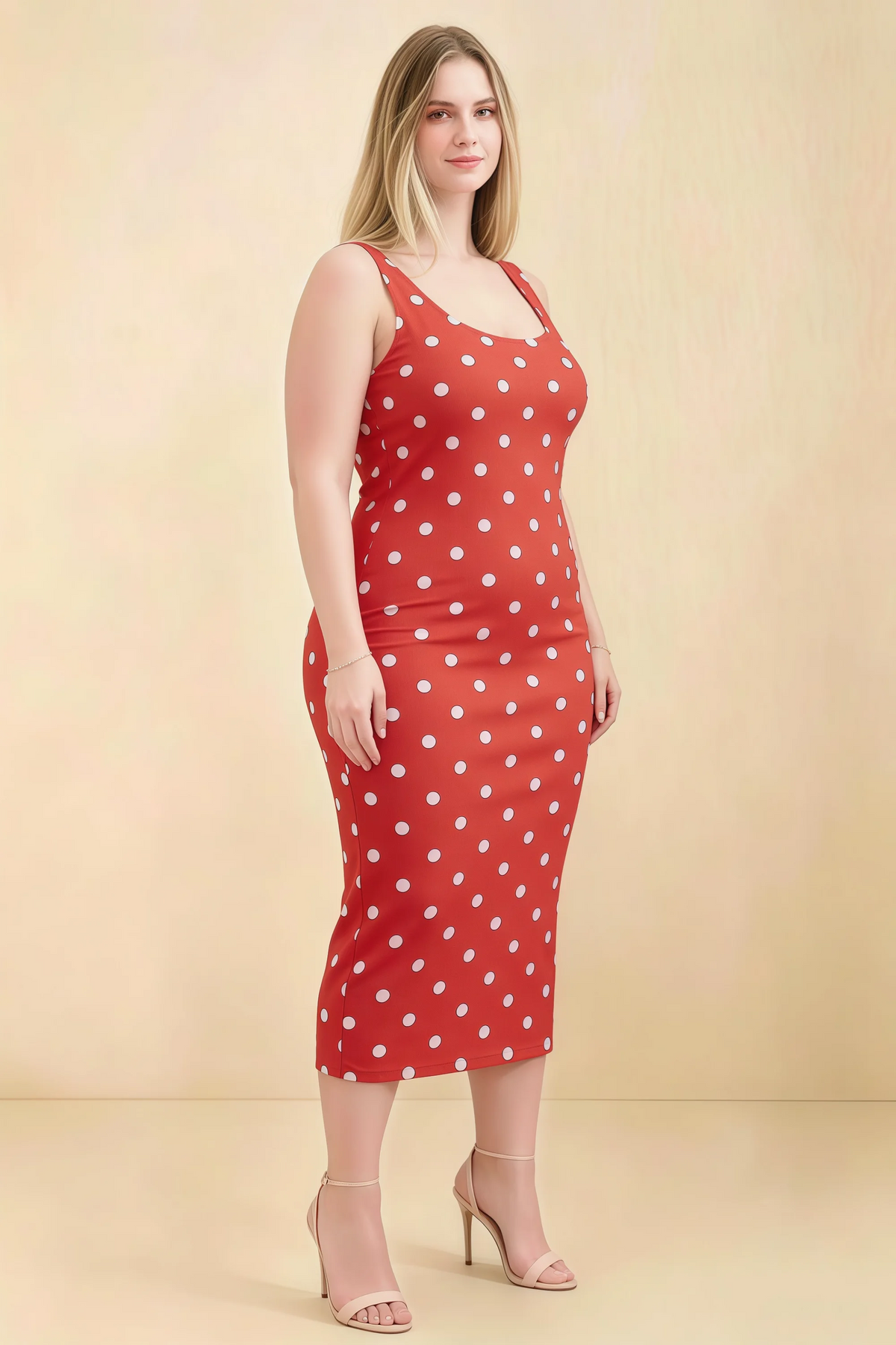 Alvina Red Polka Dot Scoop Neck Bodycon Midi Dress